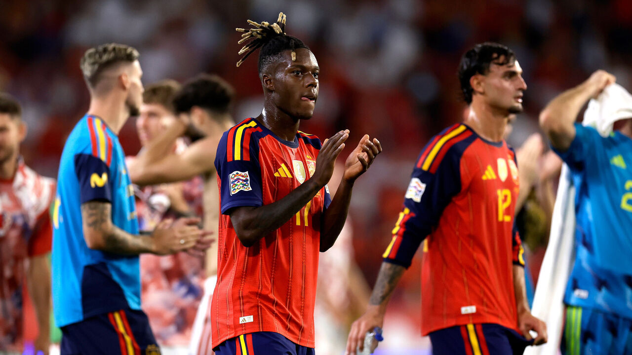 SEVILLE, SPAIN - SEPTEMBER 29: Nico Williams of Spain celebrates the victory during the UEFA Nations league match between Spain v Croatia at the Estadio Ramon Sanchez Pizjuan on September 29, 2026 in Seville Spain