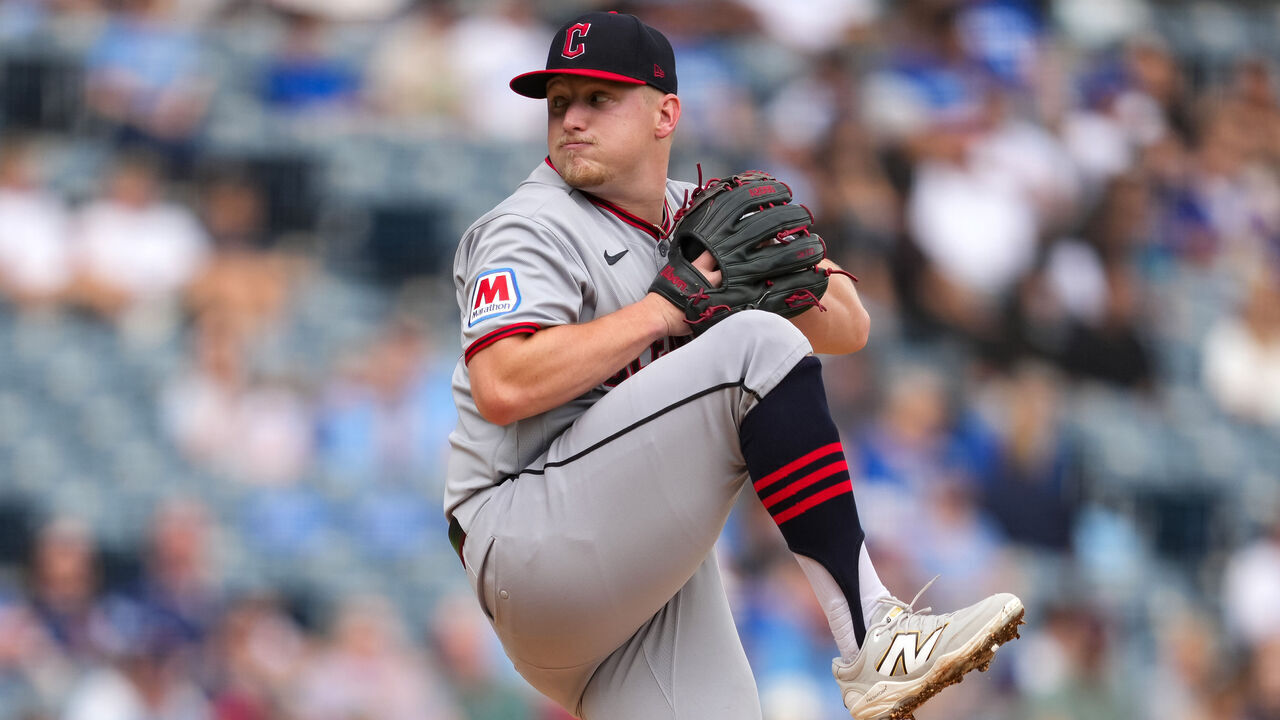 KANSAS CITY, MISSOURI - SEPTEMBER 27: Parker Messick #77 of the Cleveland Guardians pitches during the first inning against the Kansas City Royals at Kauffman Stadium on September 27, 2026 in Kansas City, Missouri.