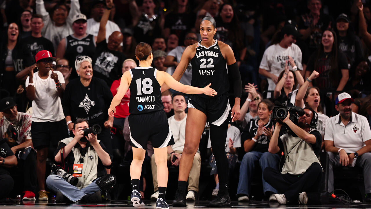 LAS VEGAS, NV - OCTOBER 1: A'ja Wilson #22 of the Las Vegas Aces celebrates during the game against the Indiana Fever during Round One Game Three of the 2026 WNBA Playoffs on October 1, 2026 at Michelob ULTRA Arena n Las Vegas, Nevada. Mandatory Copyright Notice: Copyright 2026 NBAE