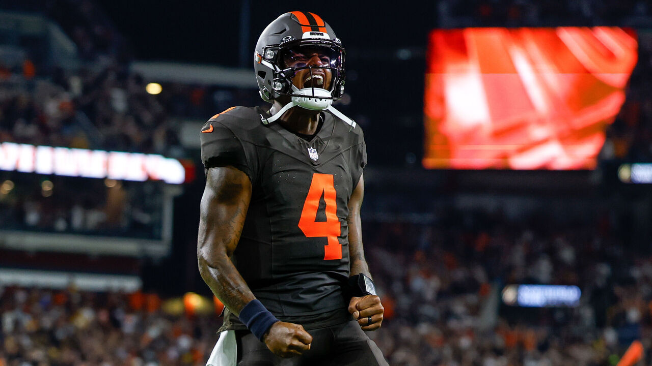 CLEVELAND, OHIO - OCTOBER 1: Deshaun Watson #4 of the Cleveland Browns celebrates during the second quarter of a game against the Pittsburgh Steelers at Huntington Bank Field on October 1, 2026 in Cleveland, Ohio.