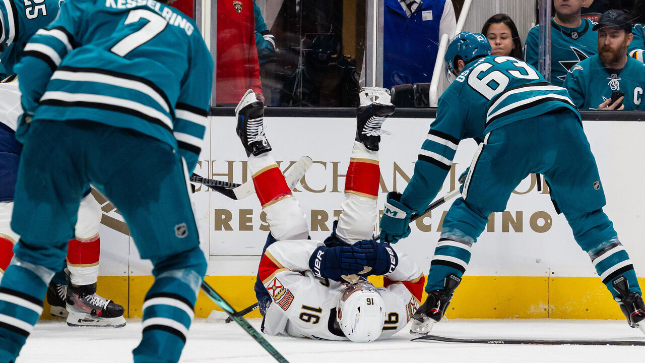 SAN JOSE, CA - OCTOBER 01: Aleksander Barkov #16 of the Florida Panthers is seen lying on the ice during a game against the San Jose Sharks on October 1, 2026 at SAP Center at San Jose in San Jose, CA.