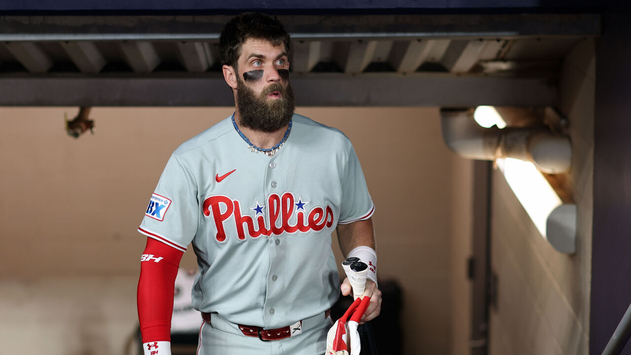 ATLANTA, GA - OCTOBER 01: Bryce Harper #3 of the Philadelphia Phillies enters the dugout prior to Game Three of the National League Wild Card Series presented by AbbVie between the Philadelphia Phillies and the Atlanta Braves at Truist Park on Thursday, October 1, 2026 in Atlanta, Georgia.