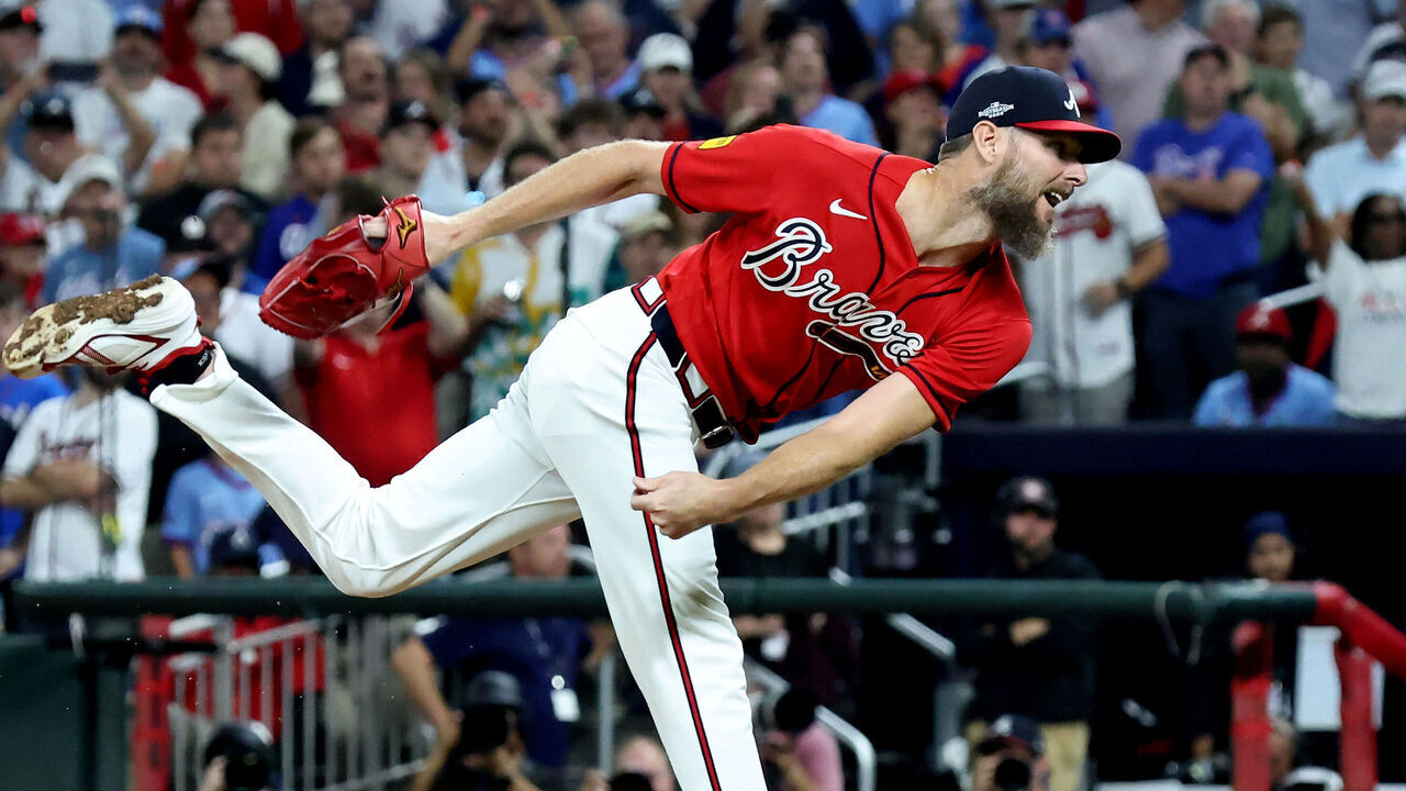 ATLANTA, GA - OCTOBER 01: Chris Sale (51) of the Atlanta Braves pitches in relief during the Philadelphia Phillies versus the Atlanta Braves in game 3 of the National League Wild Card Series on October 1, 2026 at Truist Park in Atlanta, Georgia.