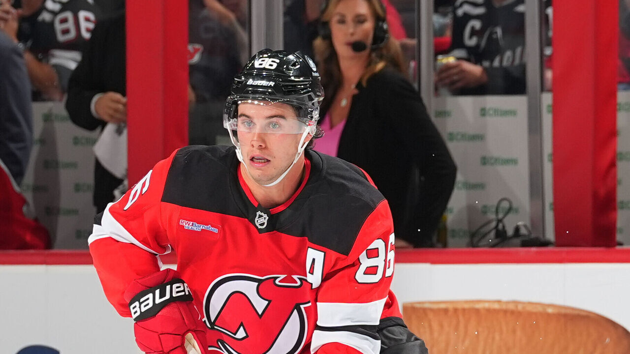 NEWARK, NEW JERSEY - OCTOBER 1: Jack Hughes #86 of the New Jersey Devils skates during the overtime period of the game against the Philadelphia Flyers on October 1, 2026, at the Prudential Center in Newark, New Jersey.