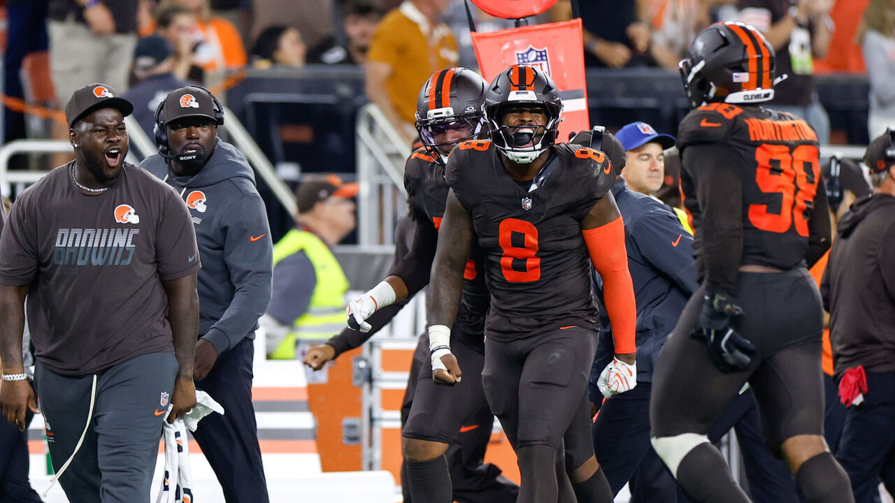 CLEVELAND, OHIO - OCTOBER 1: Jared Verse #8 of the Cleveland Browns celebrates during the third quarter of a game against the Pittsburgh Steelers at Huntington Bank Field on October 1, 2026 in Cleveland, Ohio.