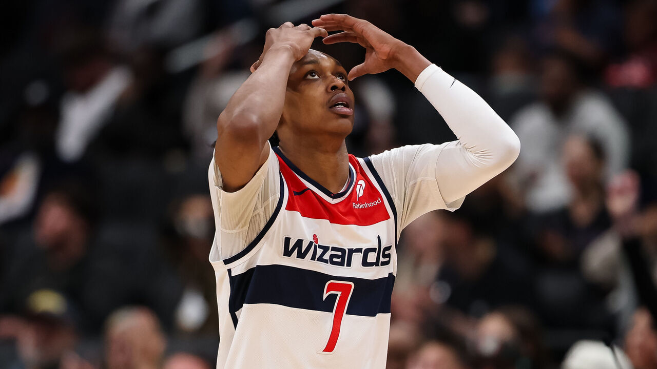 WASHINGTON, DC - APRIL 07: Bub Carrington #7 of the Washington Wizards reacts to a play against the Chicago Bulls during the second half at Capital One Arena on April 7, 2026 in Washington, DC.