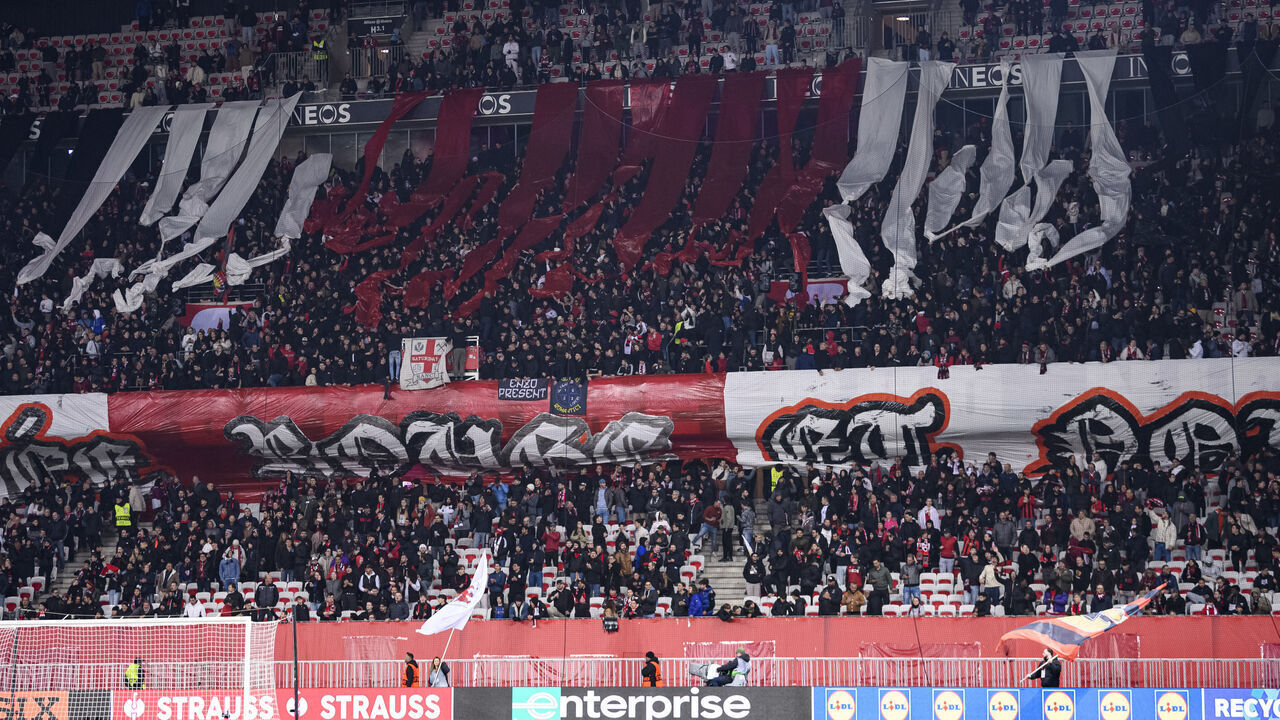 NICE, FRANCE - NOVEMBER 28: OGC Nice supporters having fun during the UEFA Europa League 2024/25 League Phase MD5 match between OGC Nice and Rangers FC at Grand Stade de Nice on November 28, 2024 in Nice, France.