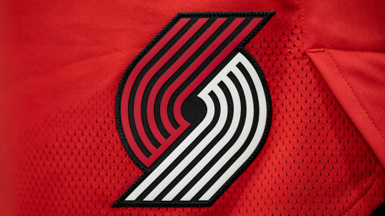 DETROIT, MICHIGAN - MARCH 21: The Portland Trail Blazers logo is pictured during the third quarter against the Detroit Pistons at Little Caesars Arena on March 21, 2022 in Detroit, Michigan.