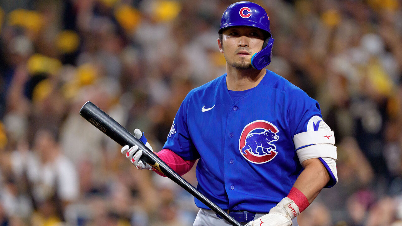 SAN DIEGO, CALIFORNIA - SEPTEMBER 30: Seiya Suzuki #27 of the Chicago Cubs looks on in the National League Wild Card game against the San Diego Padres at Petco Park on September 30, 2026 in San Diego, California.
