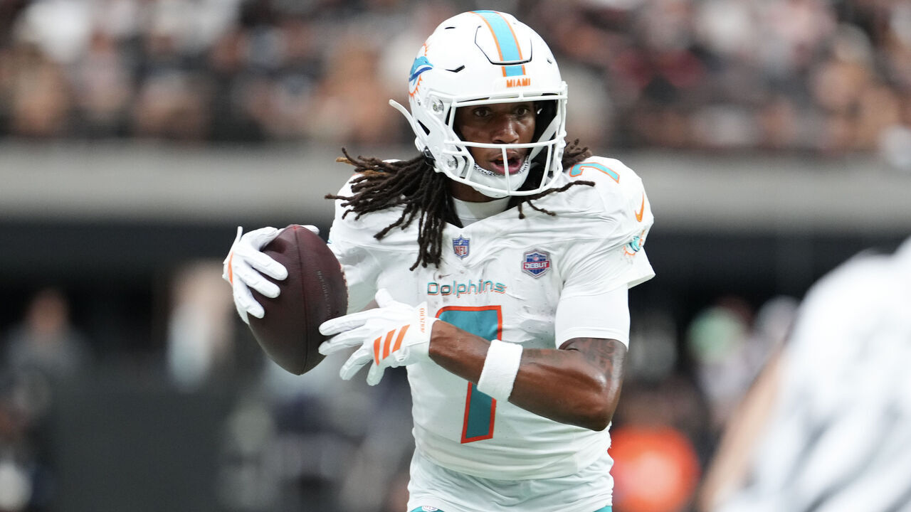 LAS VEGAS, NEVADA - SEPTEMBER 13: Caleb Douglas #7 of the Miami Dolphins runs the ball against the Las Vegas Raiders in the second quarter of a game at Allegiant Stadium on September 13, 2026 in Las Vegas, Nevada. The Raiders defeated the Dolphins 27-13.