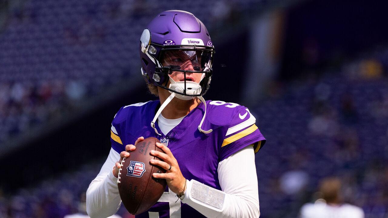 MINNEAPOLIS, MINNESOTA - AUGUST 22: J.J. McCarthy #9 of the Minnesota Vikings warms up before an NFL football game against the Baltimore Ravens at U.S. Bank Stadium on August 22, 2026 in Minneapolis, Minnesota.