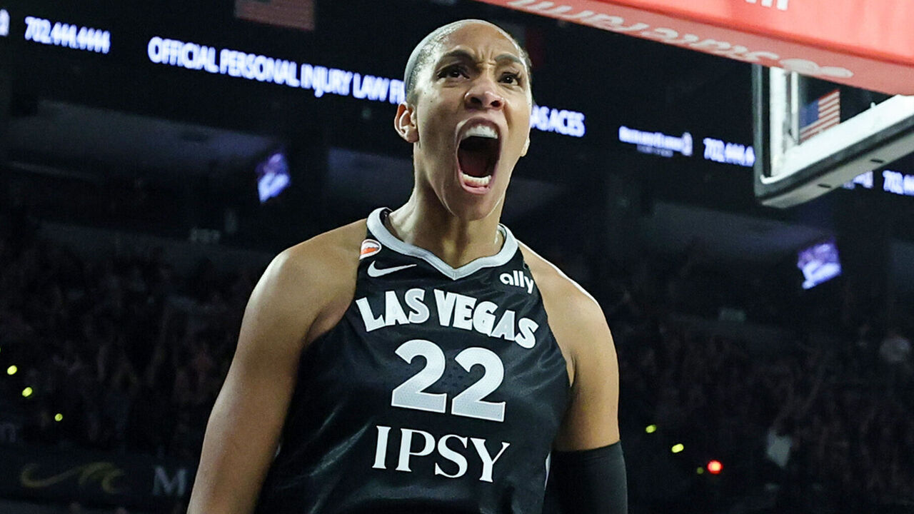 LAS VEGAS, NEVADA - OCTOBER 01: A'ja Wilson #22 of the Las Vegas Aces reacts after scoring a basket and drawing a foul against the Indiana Fever in the first quarter of Game Three of the 2026 WNBA Playoffs first round at Michelob ULTRA Arena on October 01, 2026 in Las Vegas, Nevada.