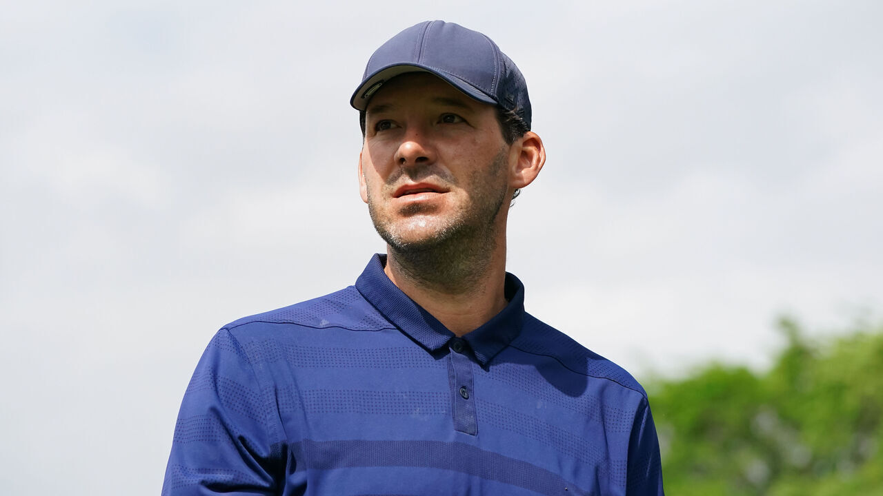IRVING, TX - APRIL 23: Former NFL player Tony Romo looks on during round two of the ClubCorp Classic at Las Colinas Country Club on April 23, 2022 in Irving, Texas.