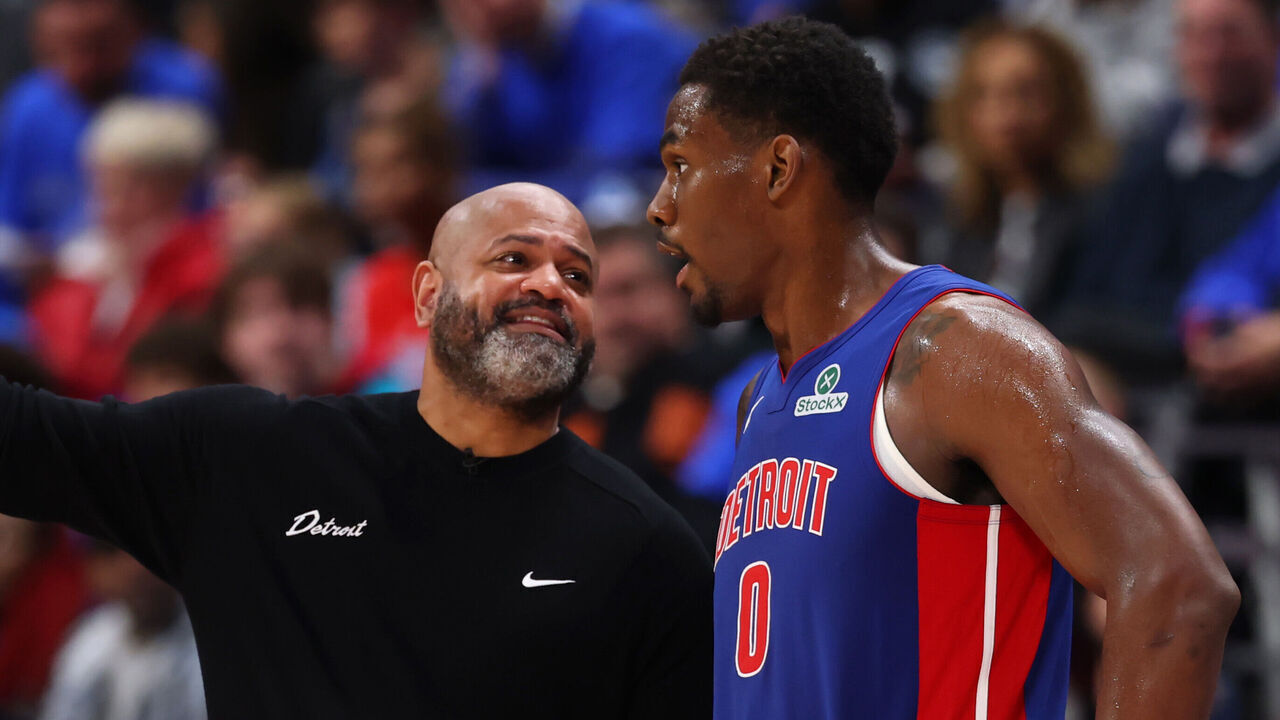 DETROIT, MICHIGAN - MAY 13: Head coach J.B. Bickerstaff and Jalen Duren #0 of the Detroit Pistons talk against the Cleveland Cavaliers during the third quarter in Game Five of the Second Round of the NBA Eastern Conference Playoffs at Little Caesars Arena on May 13, 2026 in Detroit, Michigan.