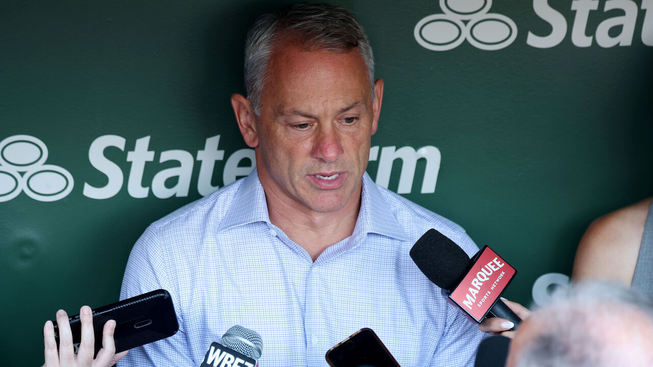 CHICAGO, ILLINOIS - AUGUST 03: President of Baseball Operations Jed Hoyer of the Chicago Cubs speaks to the media prior to the game against the Los Angeles Dodgers at Wrigley Field on August 03, 2026 in Chicago, Illinois.