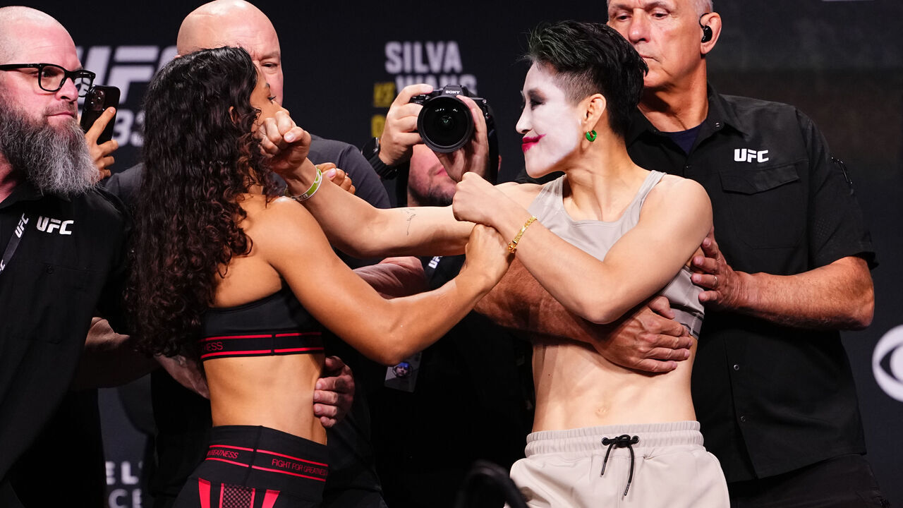 SALT LAKE CITY, UTAH - OCTOBER 02: (L-R) Opponents Natalia Silva of Brazil and Wang Cong of China face off during the UFC 332 ceremonial weigh-in at Salt Palace Convention Center on October 02, 2026 in Salt Lake City, Utah.