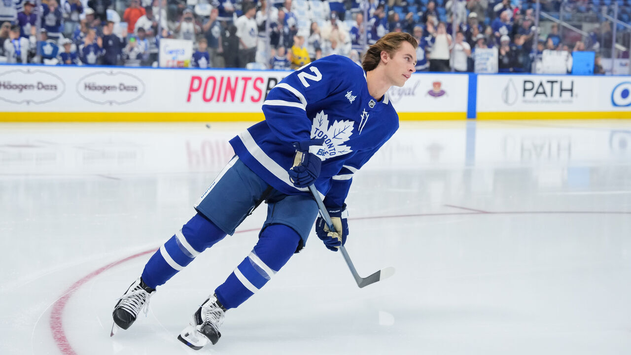 TORONTO, CANADA - SEPTEMBER 29: Gavin McKenna #92 of the Toronto Maple Leafs takes a rookie lap prior to his first NHL game against the Montréal Canadiens at Scotiabank Arena on September 29, 2026 in Toronto, Ontario, Canada.