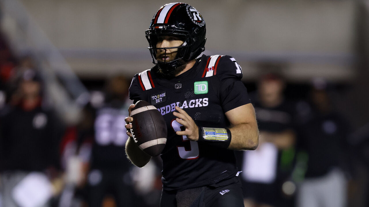 OTTAWA, ON - OCTOBER 02: McLeod Bethel-Thompson #3 of the Ottawa Redblacks runs the football against the Hamilton Tiger-Cats on October 2, 2026, at TD Place at Lansdowne Park in Ottawa, ON, Canada.