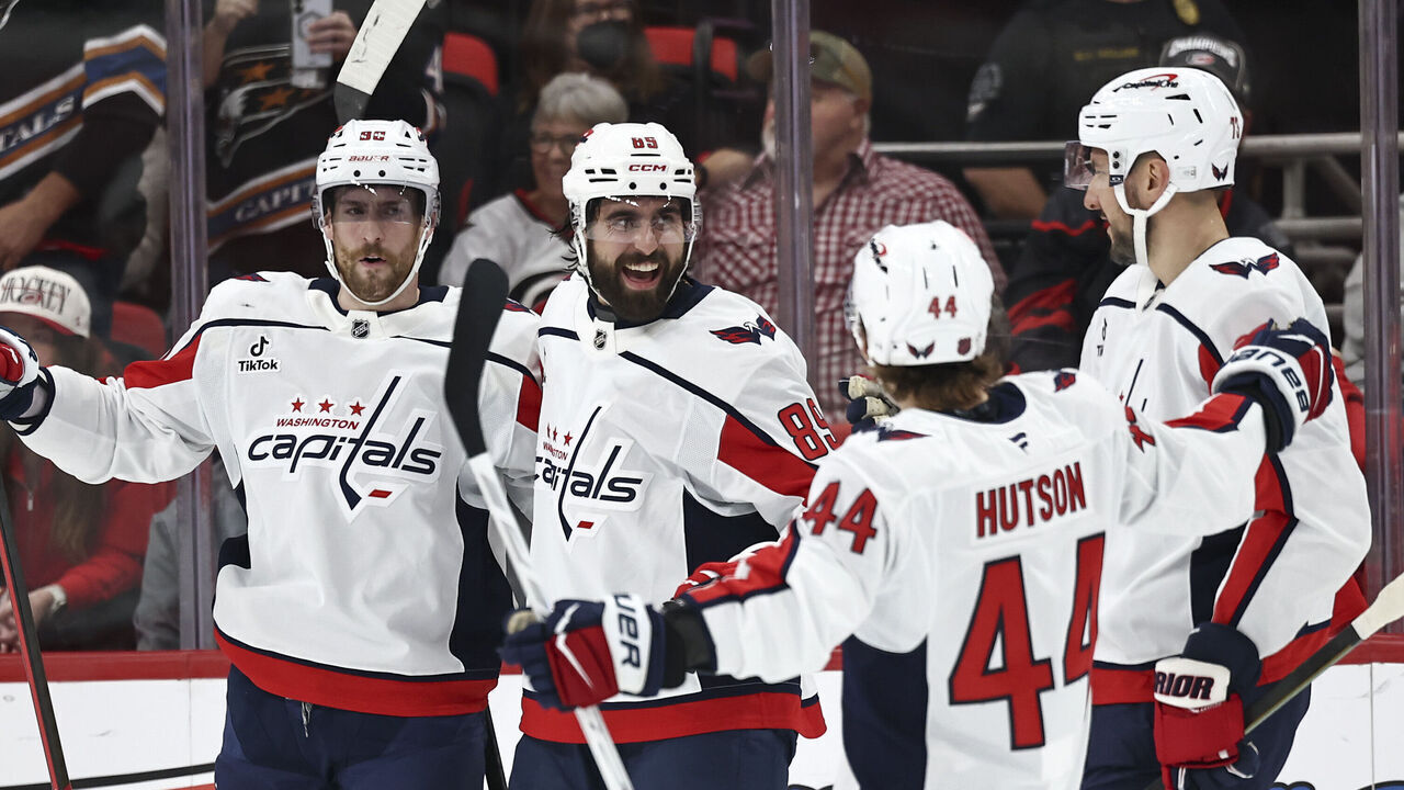 RALEIGH, NORTH CAROLINA - OCTOBER 02: Alex Tuch #89 of the Washington Capitals celebrates a goal scored during the first period of the game against the Carolina Hurricanes at Lenovo Center on October 02, 2026 in Raleigh, North Carolina.
