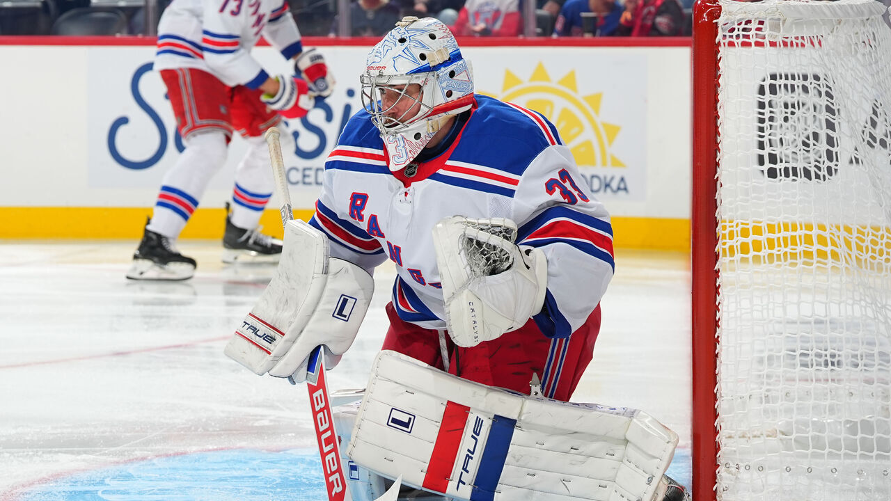 NEWARK - NEW JERSEY SEPTEMBER 21: Dylan Garand #33 of the New York Rangers defends the net during the third period of the preseason game against the New Jersey Devils at Prudential Center on September 21, 2026, in Newark, New Jersey.