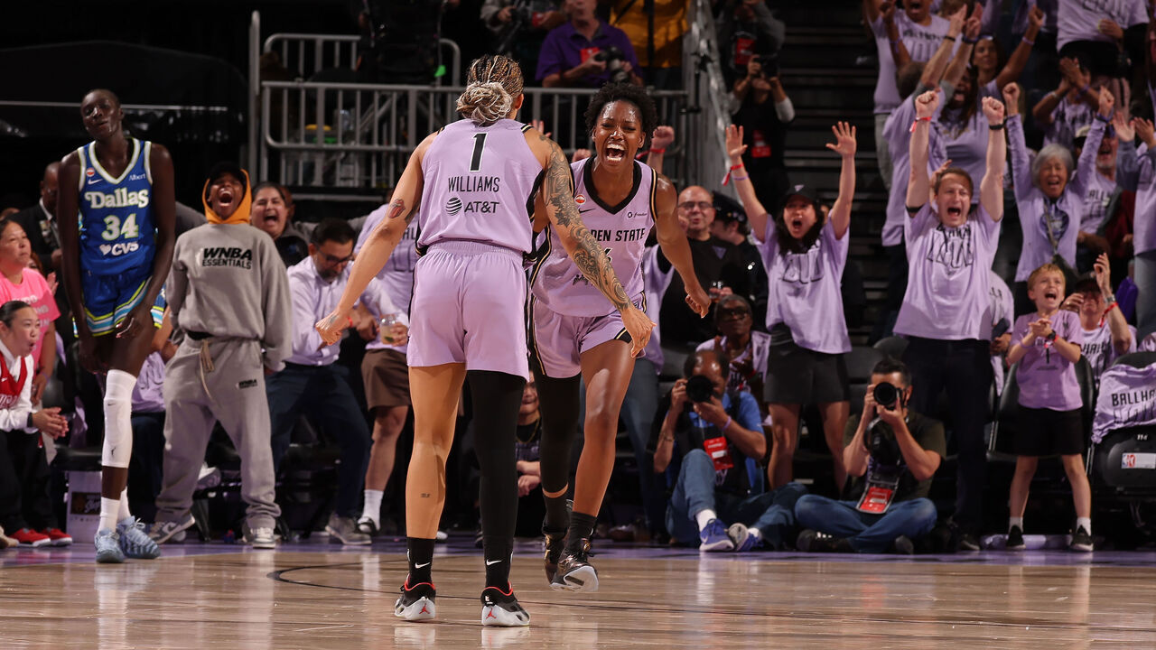 SAN FRANCISCO, CA - OCTOBER 2: Kaila Charles #6 of the Golden State Valkyries celebrates during the game against the Dallas Wings during Round One Game Three of the 2026 WNBA Playoffs on October 2, 2026 at Chase Center in San Francisco, California. NOTE TO USER: User expressly acknowledges and agrees that, by downloading and or using this photograph, user is consenting to the terms and conditions of Getty Images License Agreement. Mandatory Copyright Notice: Copyright 2026 NBAE