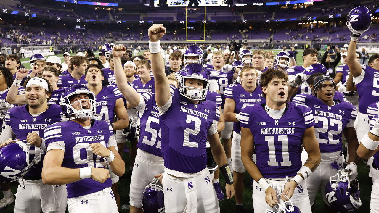 EVANSTON, ILLINOIS - OCTOBER 02: The Northwestern Wildcats celebrate after defeating the Penn State Nittany Lions at Ryan Field on October 02, 2026 in Evanston, Illinois.