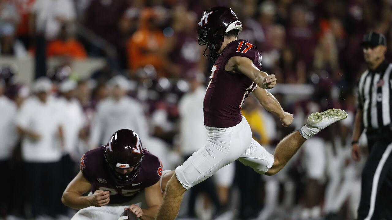 BLACKSBURG, VA - OCTOBER 02: Virginia Tech Hokies kicker John Love (17) kicks the ball during a college football game between the Pittsburg Panthers and the Virginia Tech Hokies on October 2, 2026, at Lane Stadium in Blacksburg, VA.