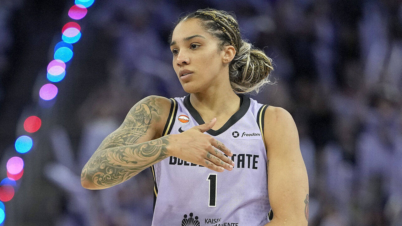 SAN FRANCISCO, CALIFORNIA - OCTOBER 02: Gabby Williams #1 of the Golden State Valkyries reacts after making a three-point shot against the Dallas Wings in the second half of Game 3 of the WNBA first round playoffs at Chase Center on October 02, 2026 in San Francisco, California.