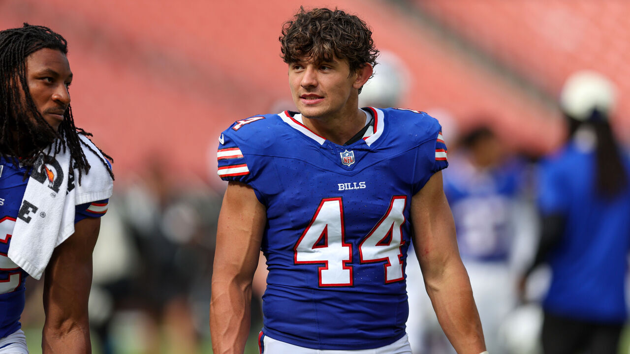 CLEVELAND, OH - AUGUST 22: Buffalo Bills linebacker Joe Andreessen (44) leaves the field following the National Football League preseason game between the Buffalo Bills and Cleveland Browns on August 22, 2026, at Huntington Bank Field in Cleveland, OH.