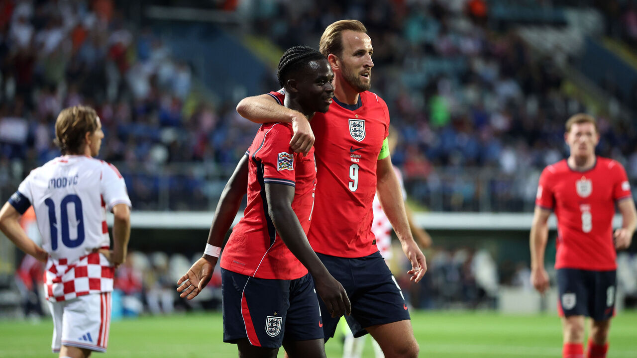 RIJEKA, CROATIA - OCTOBER 03: Bukayo Saka of England celebrates scoring his team’s fourth goal with teammate Harry Kane during the UEFA Nations League 2026/27 group phase match between Croatia and England at Stadion HNK Rijeka on October 03, 2026 in Rijeka, Croatia.