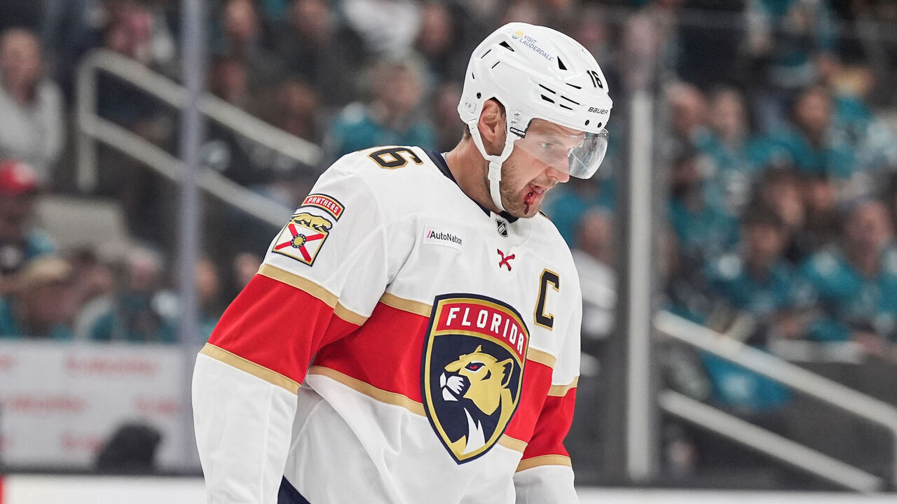 SAN JOSE, CA - OCTOBER 1: Aleksandar Barkov #16 of the Florida Panthers skates off after getting high sticked against the San Jose Sharks in the second period at SAP Center on October 1, 2026 in San Jose, California.