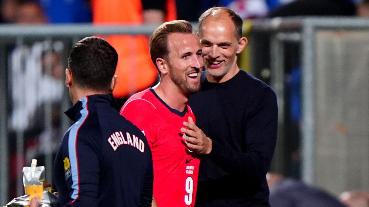 England manager Thomas Tuchel (right) with Harry Kane after he is substituted during the UEFA Nations League, league phase, group A3 match at the Stadion HNK Rijeka, Prague. Picture date: Saturday October 3, 2026.