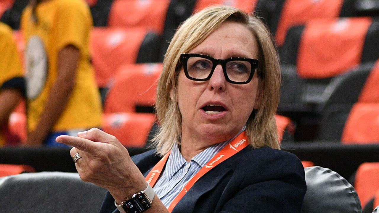 BOSTON, MA - JULY 15: Indiana Fever Chief Operating Officer and General Manager Amber Cox (left) and Indiana Fever President of Basketball and Business Operations Kelly Krauskopf (right) interact before a WNBA game between the Indiana Fever and the Connecticut Sun on July 15, 2025, at TD Garden in Boston, MA.