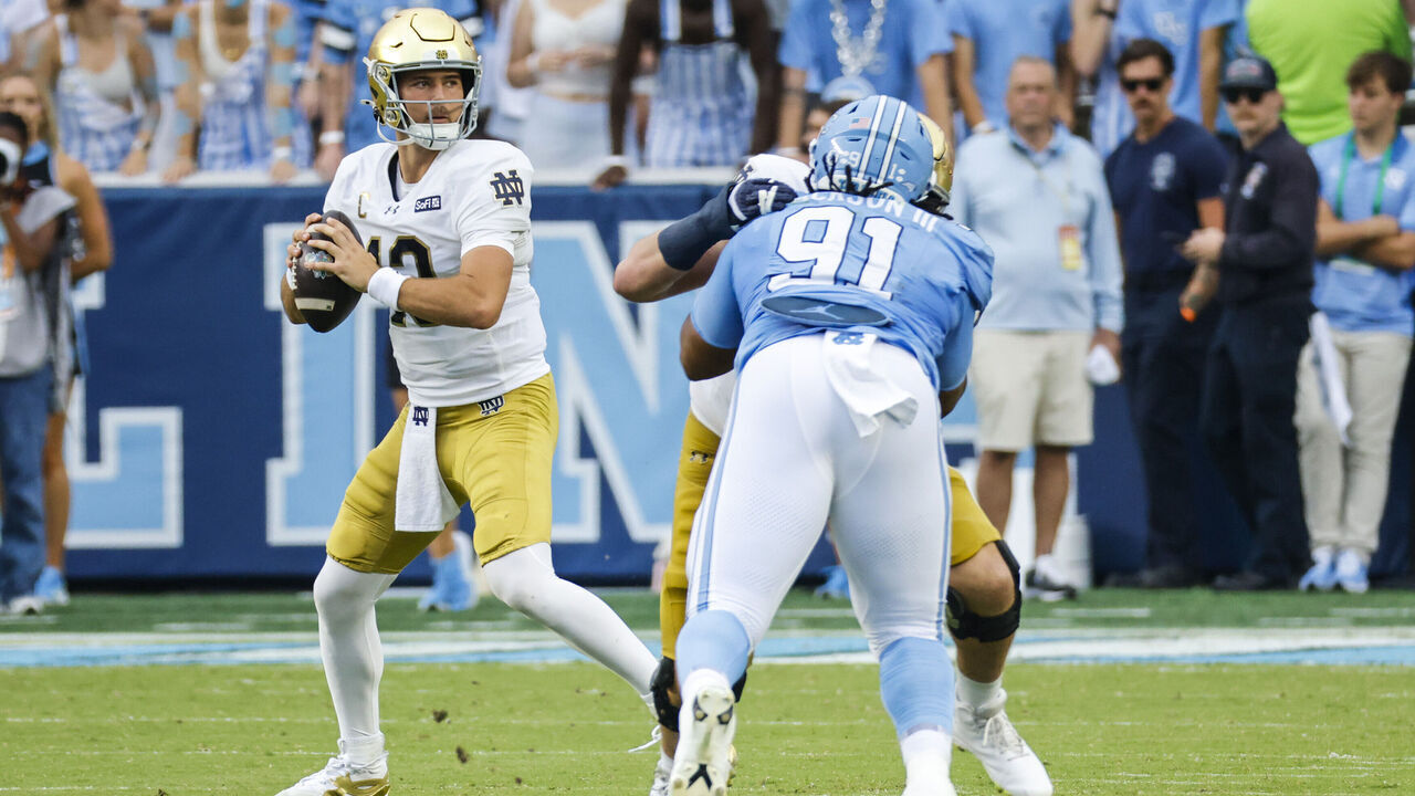 CHAPEL HILL, NORTH CAROLINA - OCTOBER 03: CJ Carr #13 of the Notre Dame Fighting Irish prepares to throw the football during the first half of the game against North Carolina Tar Heels at Kenan Stadium on October 03, 2026 in Chapel Hill, North Carolina.