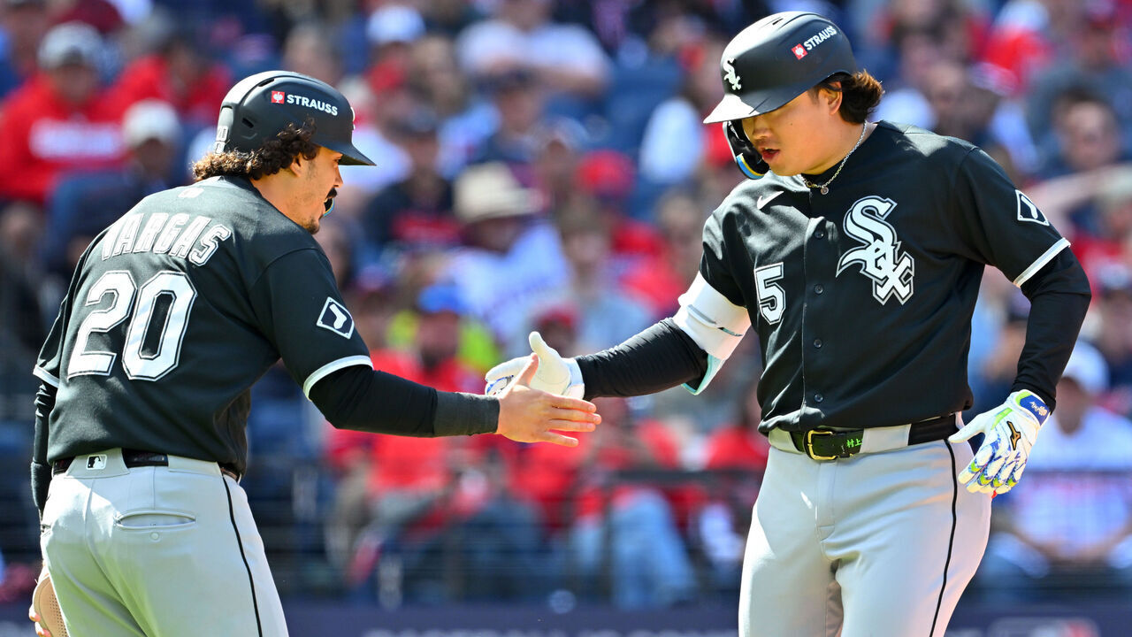 CLEVELAND, OHIO - OCTOBER 03: Munetaka Murakami #5 of the Chicago White Sox celebrates with teammate Miguel Vargas #20 after hitting a two-run home run against the Cleveland Guardians during the fourth inning in game one of the American League Division Series at Progressive Field on October 03, 2026 in Cleveland, Ohio.