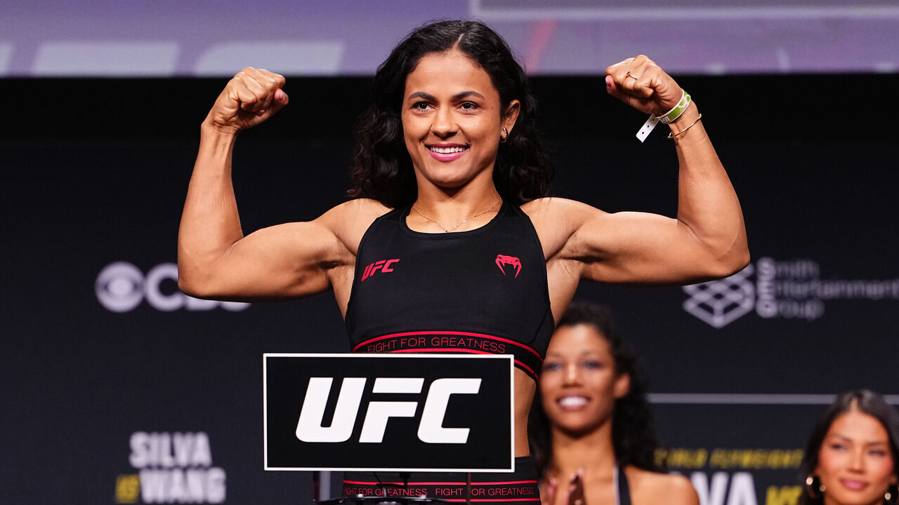 SALT LAKE CITY, UTAH - OCTOBER 02: Natalia Silva of Brazil poses on the scale during the UFC 332 ceremonial weigh-in at Salt Palace Convention Center on October 02, 2026 in Salt Lake City, Utah.
