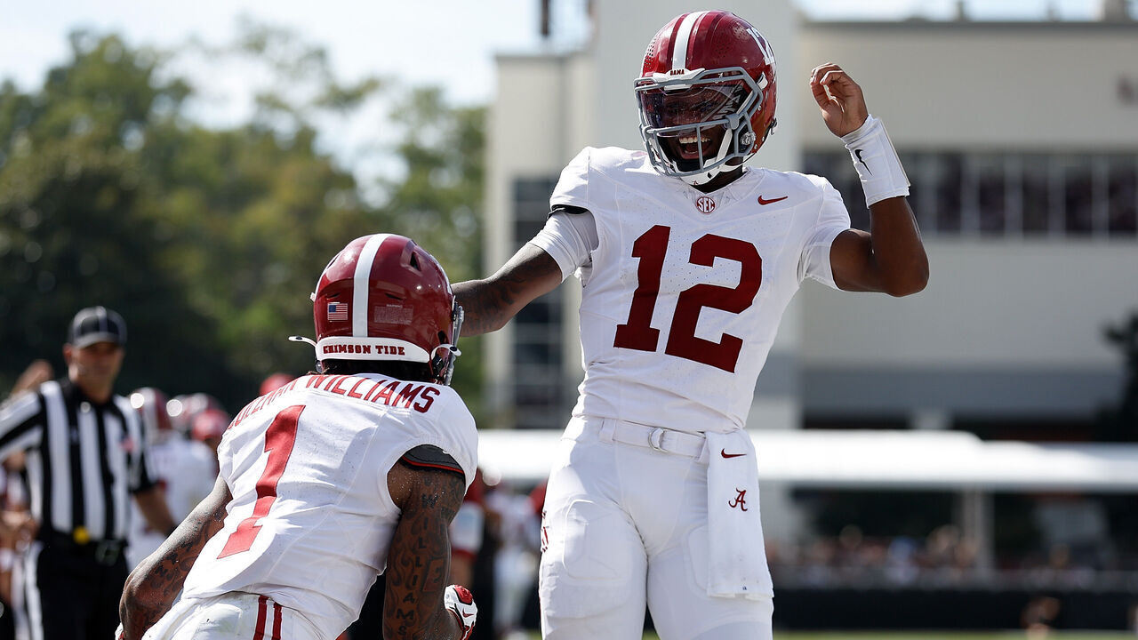 STARKVILLE, MISSISSIPPI - OCTOBER 03: Keelon Russell #12 of the Alabama Crimson Tide and Ryan Coleman-Williams #1 of the Alabama Crimson Tide celebrate during the first half against the Mississippi State Bulldogs at Davis Wade Stadium on October 03, 2026 in Starkville, Mississippi.