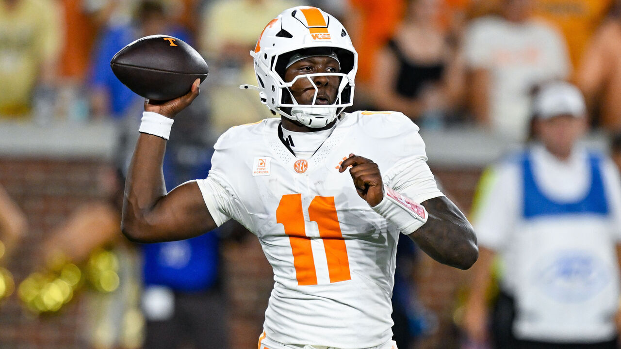 ATLANTA, GA - SEPTEMBER 12: Tennessee quarterback Faizon Brandon (11) throws a pass during the college football game between the Tennessee Volunteers and the Georgia Tech Yellow Jackets on September 12th, 2026 at Bobby Dodd Stadium in Atlanta, GA.