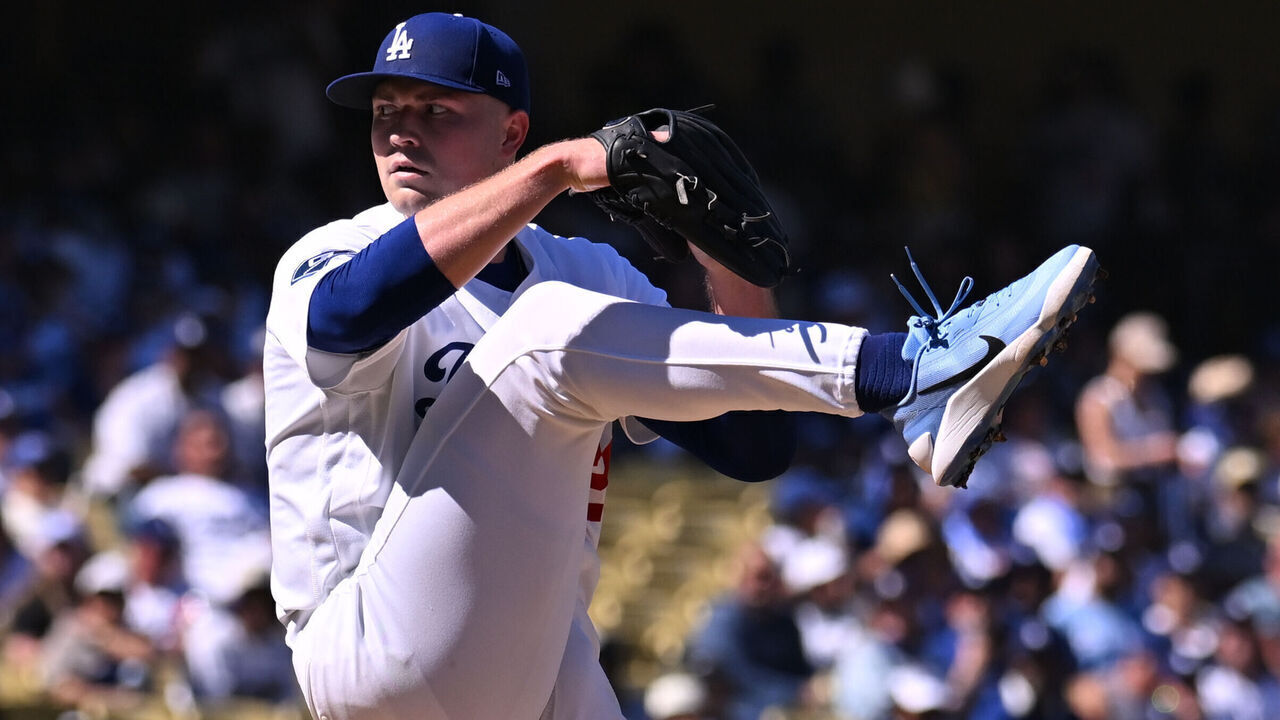LOS ANGELES, CA - OCTOBER 03: Los Angeles Dodgers starting pitcher Tarik Skubal (29) pitches in the first inning during the National League Divisional Series game between the Los Angeles Dodgers and the Atlanta Braves on October 03, 2026 at Dodger Stadium in Los Angeles.
