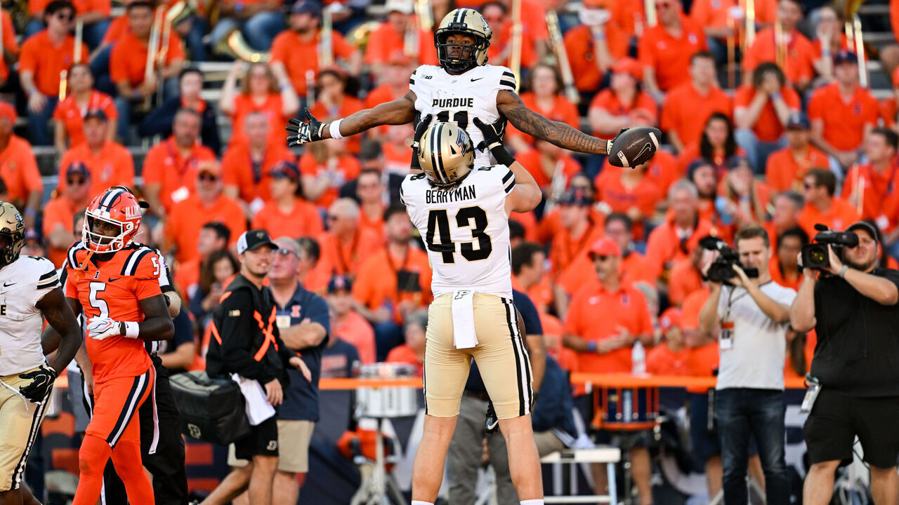 CHAMPAIGN, IL - OCTOBER 03: Purdue Boilermakers TE Jackson Berryman (43) lifts Purdue Boilermakers WR Tra'Mar Harris (11) into the air as they celebrate a touchdown during a college football game between the Purdue Boilermakers and Illinois Fighting Illini on October 3, 2026 at Gies Memorial Stadium in Champaigni, IL.