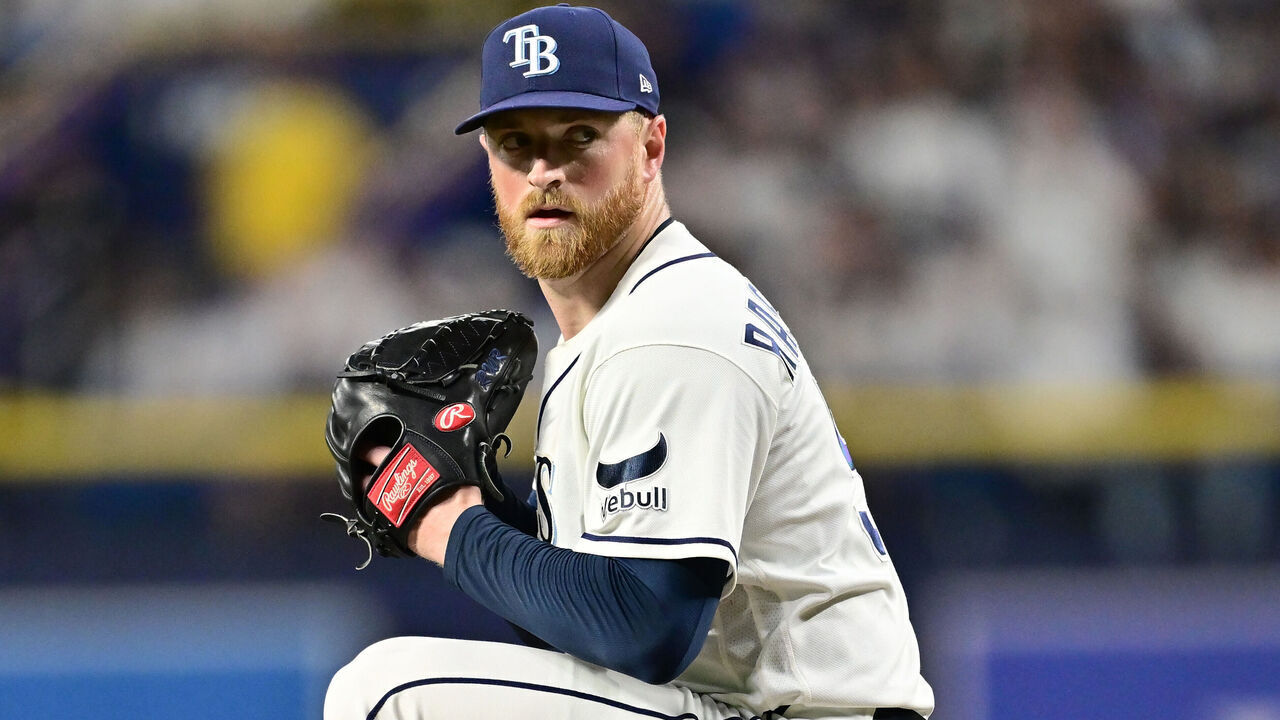 ST PETERSBURG, FLORIDA - OCTOBER 03: Drew Rasmussen #57 of the Tampa Bay Rays delivers a pitch against the New York Yankees during the third inning in game one of the American League Division Series at Tropicana Field on October 03, 2026 in St Petersburg, Florida.