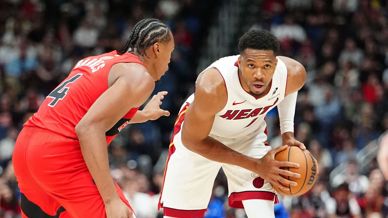 QUEBEC CITY, CANADA - OCTOBER 3: Giannis Antetokounmpo #7 of the Miami Heat handles the ball during the game against the Toronto Raptors on October 3, 2026 at the Videotron Centre in Quebec City, Quebec, Canada. Mandatory Copyright Notice: Copyright 2026 NBAE