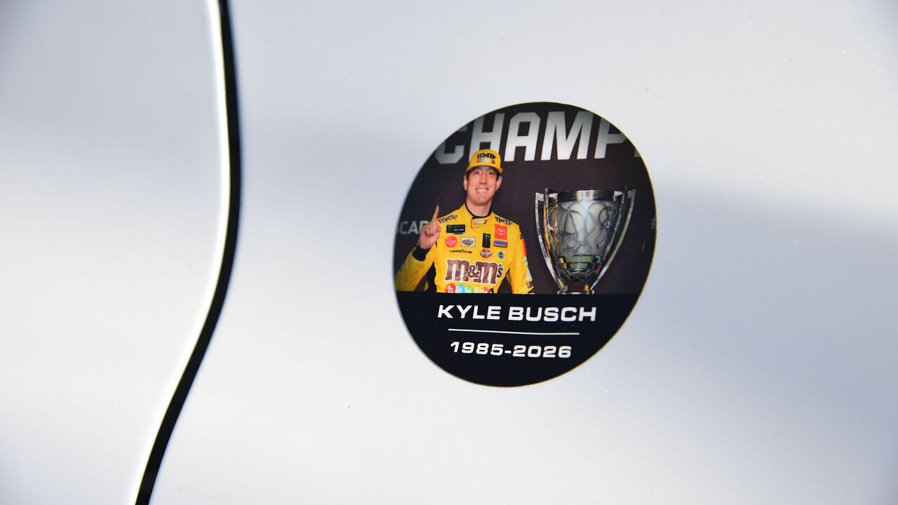 LAS VEGAS, NV - OCTOBER 03: A decal memorializing Kyle Busch's life on the Toyota Camry pace car during qualifying for the NASCAR Cup Series Playoffs South Point 400 on October 03, 2026, at Las Vegas Motor Speedway in Las Vegas, NV.