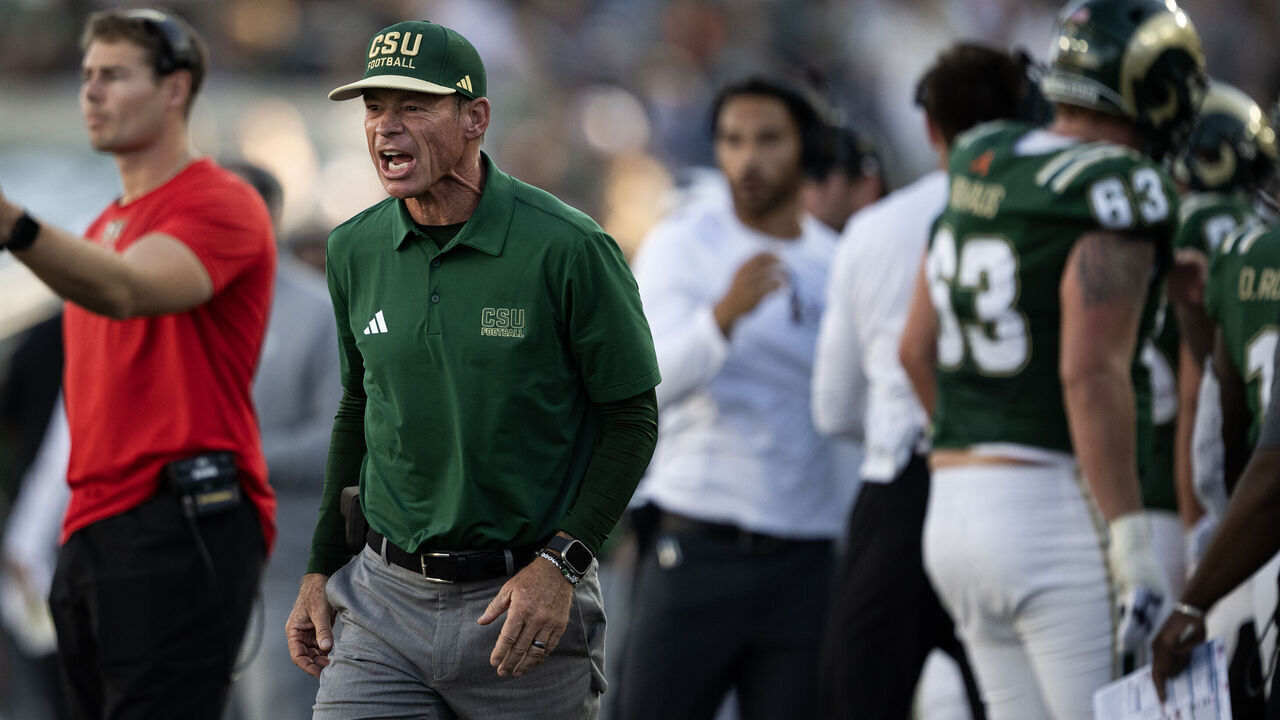 FORT COLLINS, CO - OCTOBER 3: Head coach Jim Mora of the Colorado State Rams celebrates a touchdown run by quarterback Ksaan Farrar (2) of the Colorado State Rams during the first half of a game against the Oregon State Beavers on Saturday, Oct. 3, 2026, at Canvas Stadium in Fort Collins, Colo.