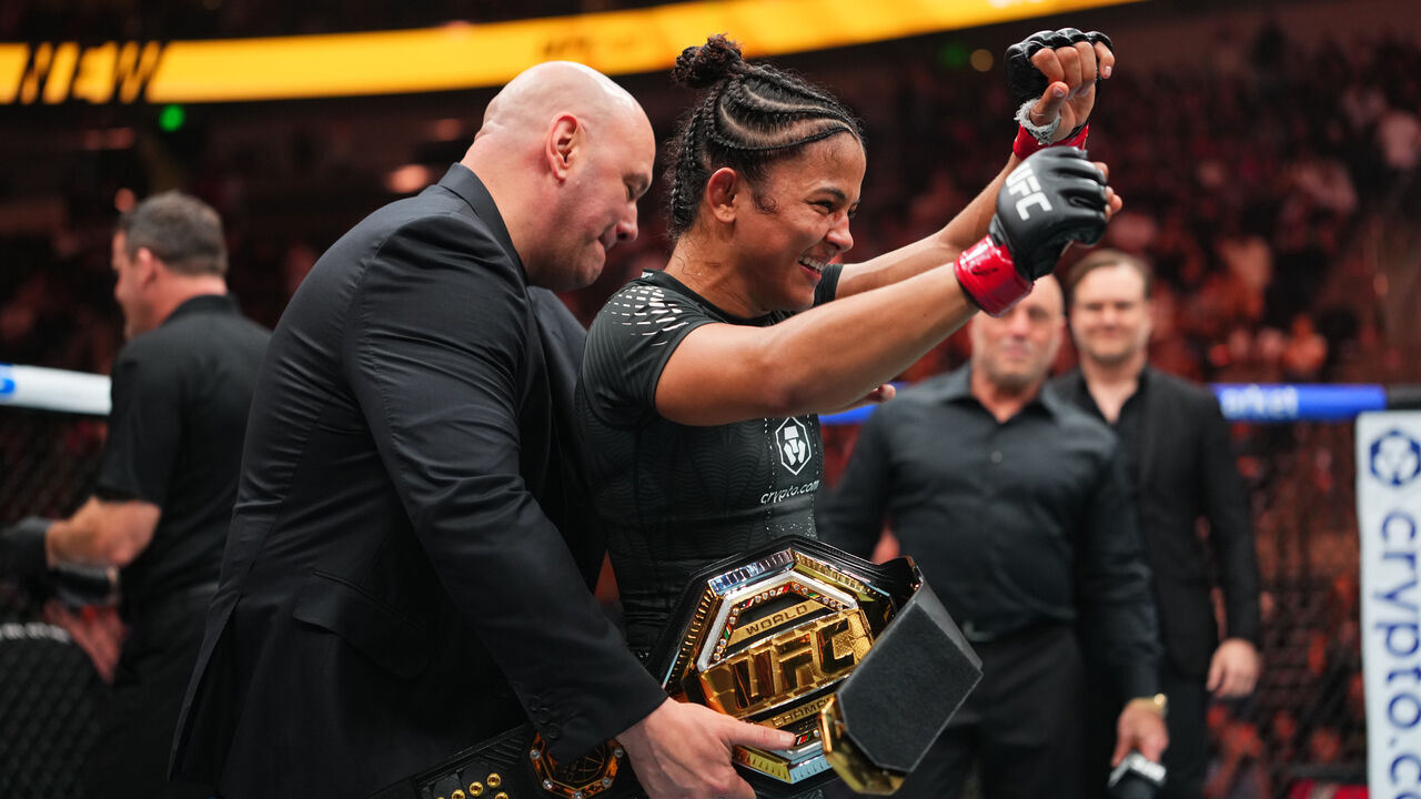 SALT LAKE CITY, UTAH - OCTOBER 03: Natalia Silva of Brazil celebrates after defeating Wang Cong in the UFC flyweight championship fight during the UFC 332 event at Delta Center on October 03, 2026 in Salt Lake City, Utah.