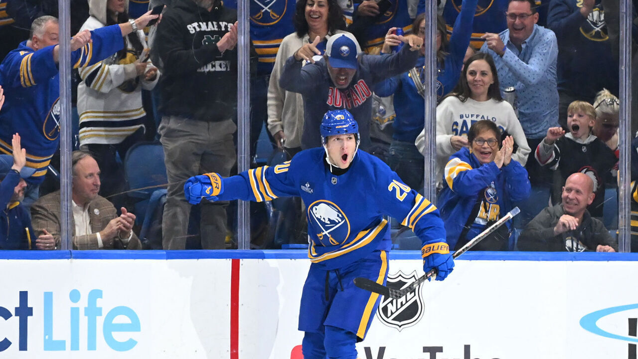 BUFFALO, NEW YORK - OCTOBER 3: Jiri Kulich #20 of the Buffalo Sabres celebrates after scoring a goal during the third period of their NHL game against the Chicago Blackhawks at KeyBank Center on October 3, 2026 in Buffalo, New York. Buffalo won, 4-3.