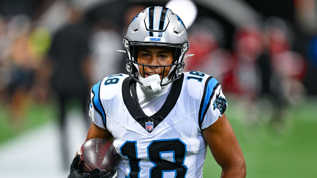 ATLANTA, GA - SEPTEMBER 20: Carolina wide receiver Jalen Coker (18) warms up prior to the start of the NFL game between the Carolina Panthers and the Atlanta Falcons on September 20th, 2026 at Mercedes-Benz Stadium in Atlanta, GA.