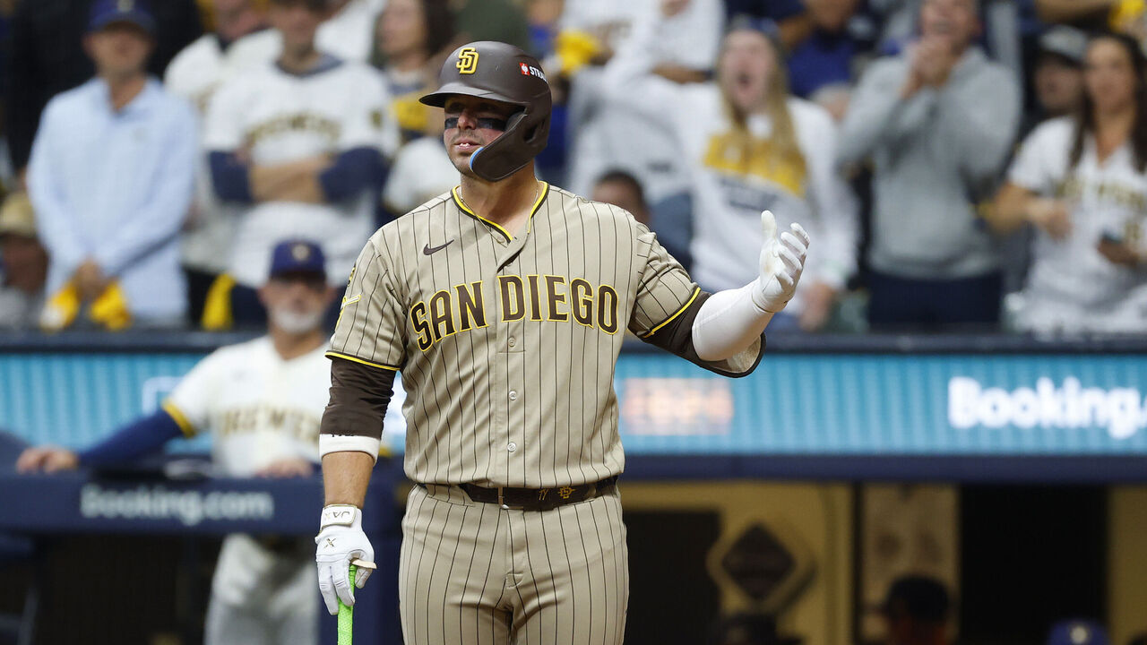 Milwaukee, WI - October 3: Ty France #25 of the San Diego Padres reacts after popping out where the ball hit the roof in the ninth inning against the Milwaukee Brewers during Game One of the National League Division Series at American Family Field on October 3, 2026 in Milwaukee, WI.