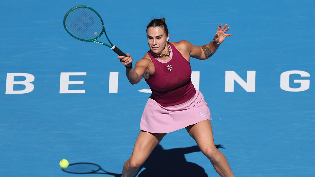 BEIJING, CHINA - OCTOBER 04: Aryna Sabalenka plays a forehand against Nikola Bartunkova of the Czech Republic in the Women's Singles Third Round match on day five of China Open at the National Tennis Center on October 04, 2026 in Beijing, China.