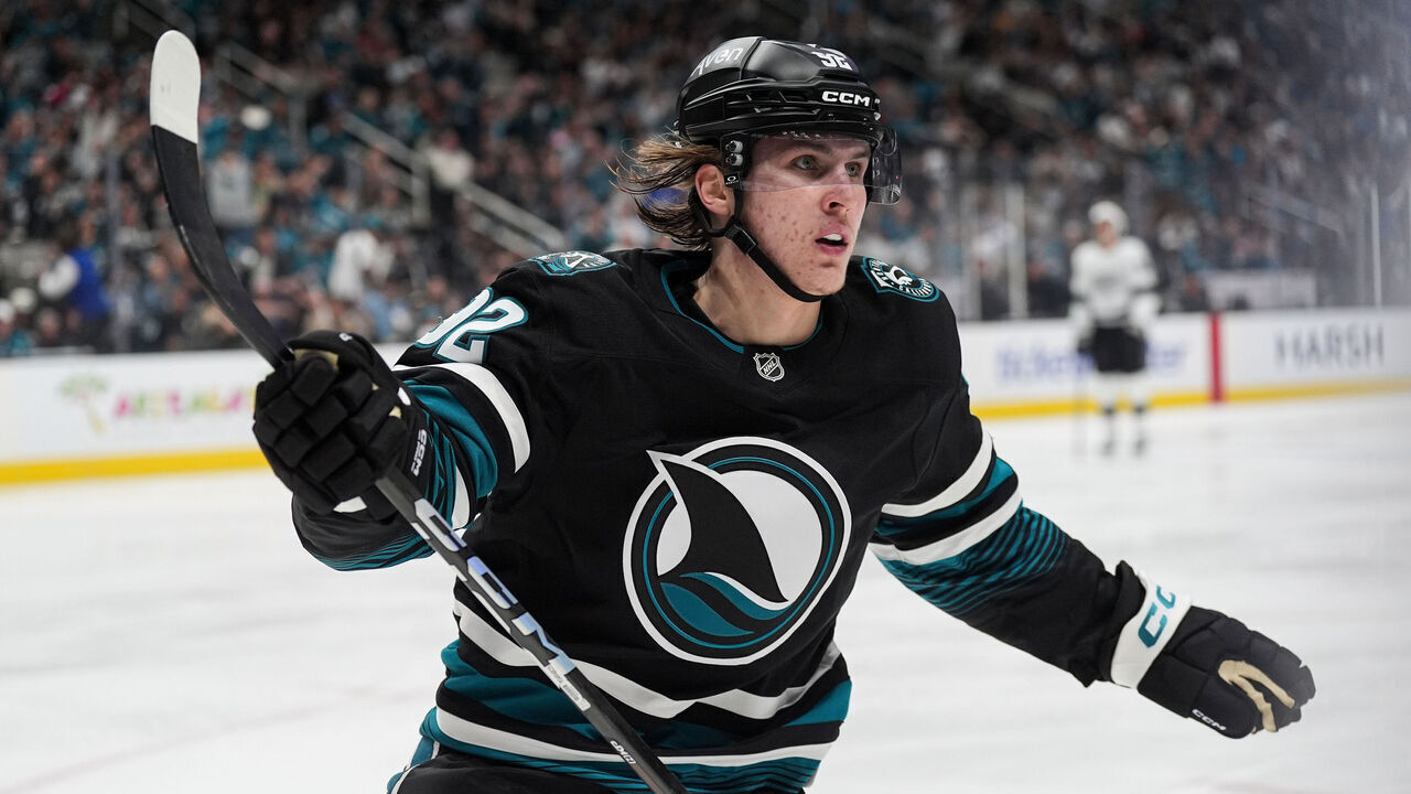 SAN JOSE, CA - OCTOBER 3: Igor Chernyshov #92 of the San Jose Sharks celebrates scoring a goal in the third period against the Los Angeles Kings at SAP Center on October 3, 2026 in San Jose, California.